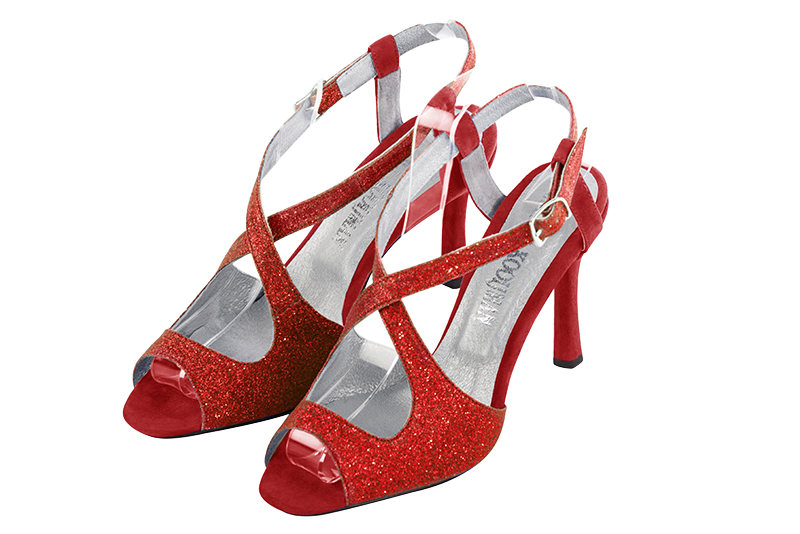Scarlet red women's open back sandals, with crossed straps. Round toe. Very high slim heel. Front view - Florence KOOIJMAN